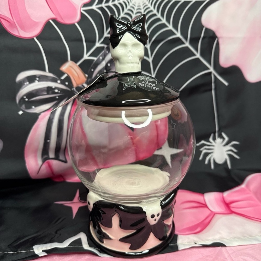 New Cobwebs & Cauldrons Halloween Candy Glass Jar-Skulls and Bows